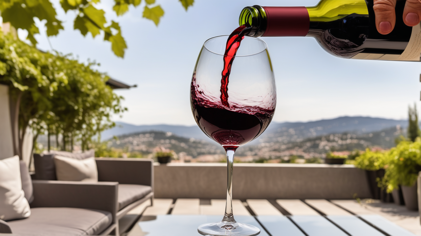 pouring red wine in a single glass 
on patio


