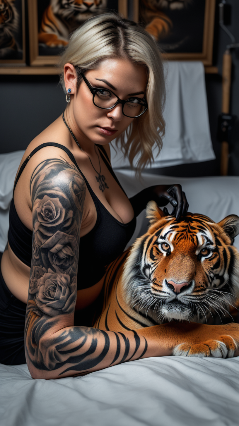 /imagine prompt :An ultra-realistic photograph capturing a sureal Tattoo performance scene. a human tattooing a tiger 
<camera> canon 5d mark III, equipped with an 85 lens at F 5.8 aperture setting
<location> a  tattoo studio beside an crowed street
<light> Soft spot light gracefully illuminates the subject’s body, casting a dreamlike glow.
/describe : a beautiful  woman that she is a tattoo artist with glasses and black shirt ,has black nitrile gloves, has a black surgical mask, seated beside the  client bed and tattooing on a real tiger's body! a golden tattoo machine in his hand.
–no tattoos on head 
 woman  has natural beauty with beautiful blonde short hair  .
a real tiger laid gently on tattoo client's bed same as a tattoo client to taking tattoo on its body creating a sureal scene.
The background is black , absolutely blurred, highlighting the subjects.
The image, shot in high resolution and a 16:9 aspect ratio, captures the subject’s natural beauty and personality with stunning realism
–ar 9:16 –v 5.2 –style raw
