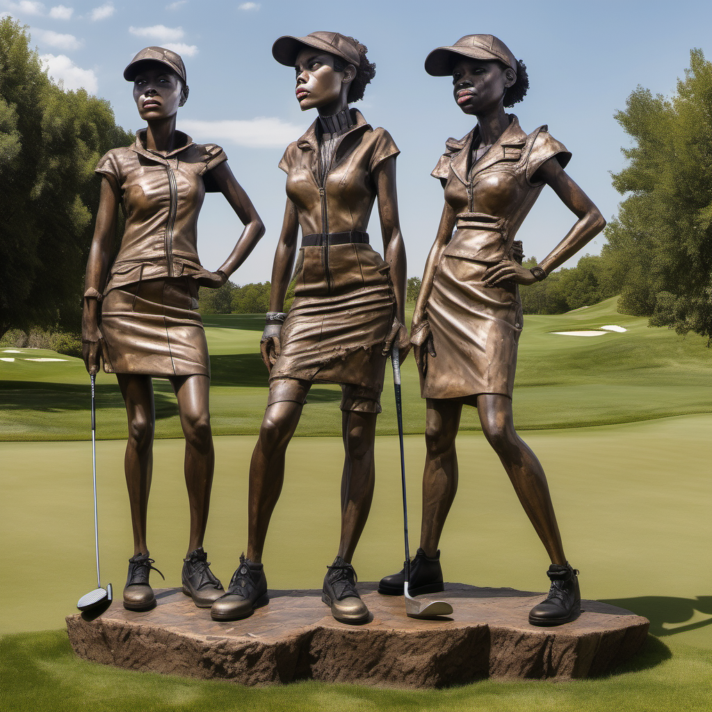 A statue on a golf course, in the style of David Popper inspired image of a Earthy melanin women playing golf , architecture, afrofuturism-inspired, tim okamura, made of bronze, exaggerated facial features, exaggerated Taylormade Stealth Irons golf club theodore rousseau, interlocking structures