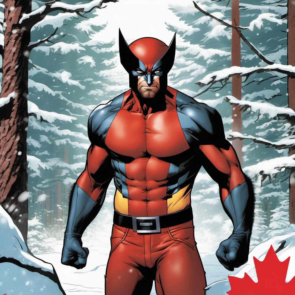 Wolverine from X-men in Red and white suit with a Canadian maple leaf emblem on the right side of his chest, in a snowy forest background 