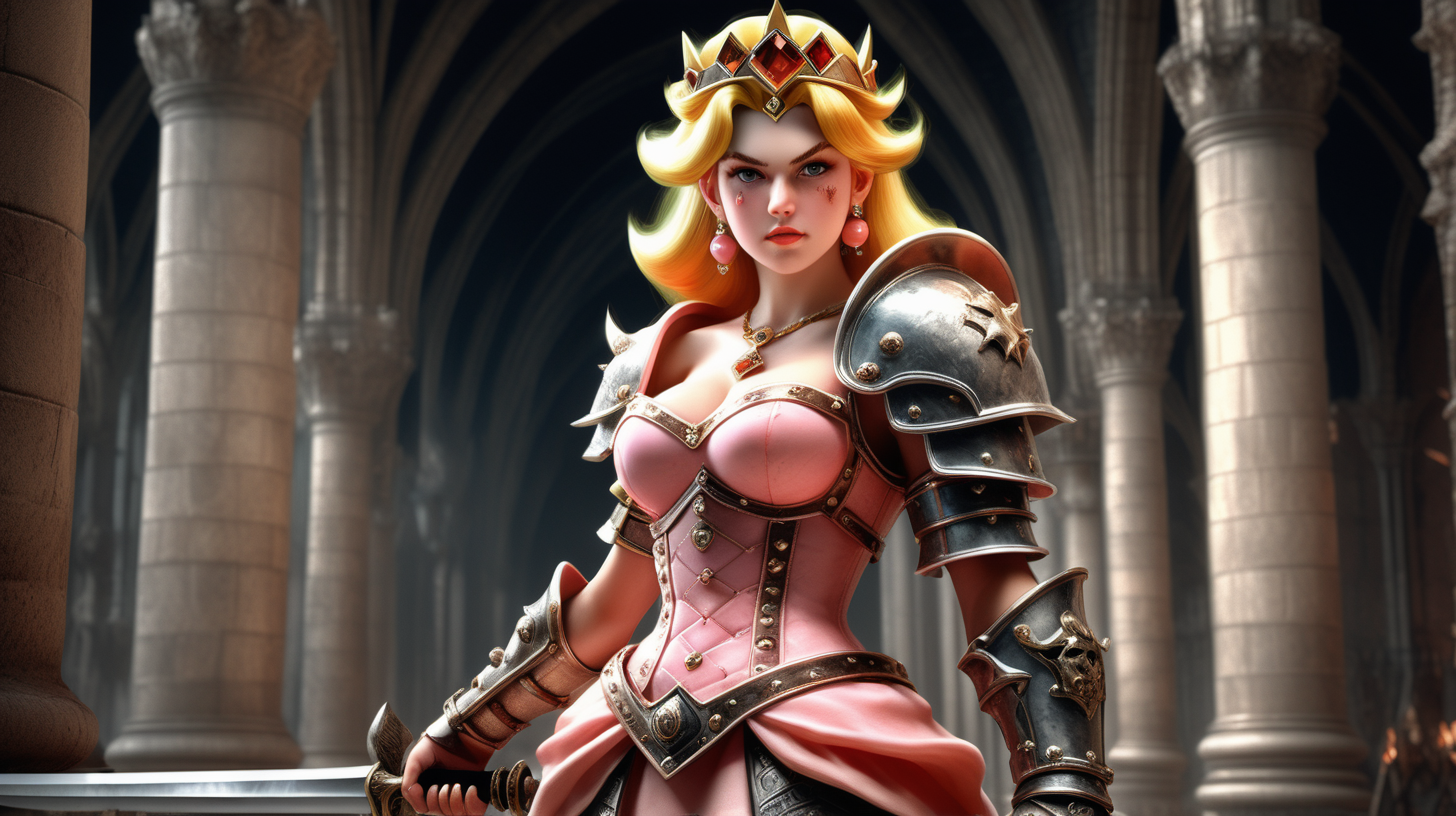 photo realistic Princess Peach as a barbarian knight in the style of elden ring at beautiful Anor Londo