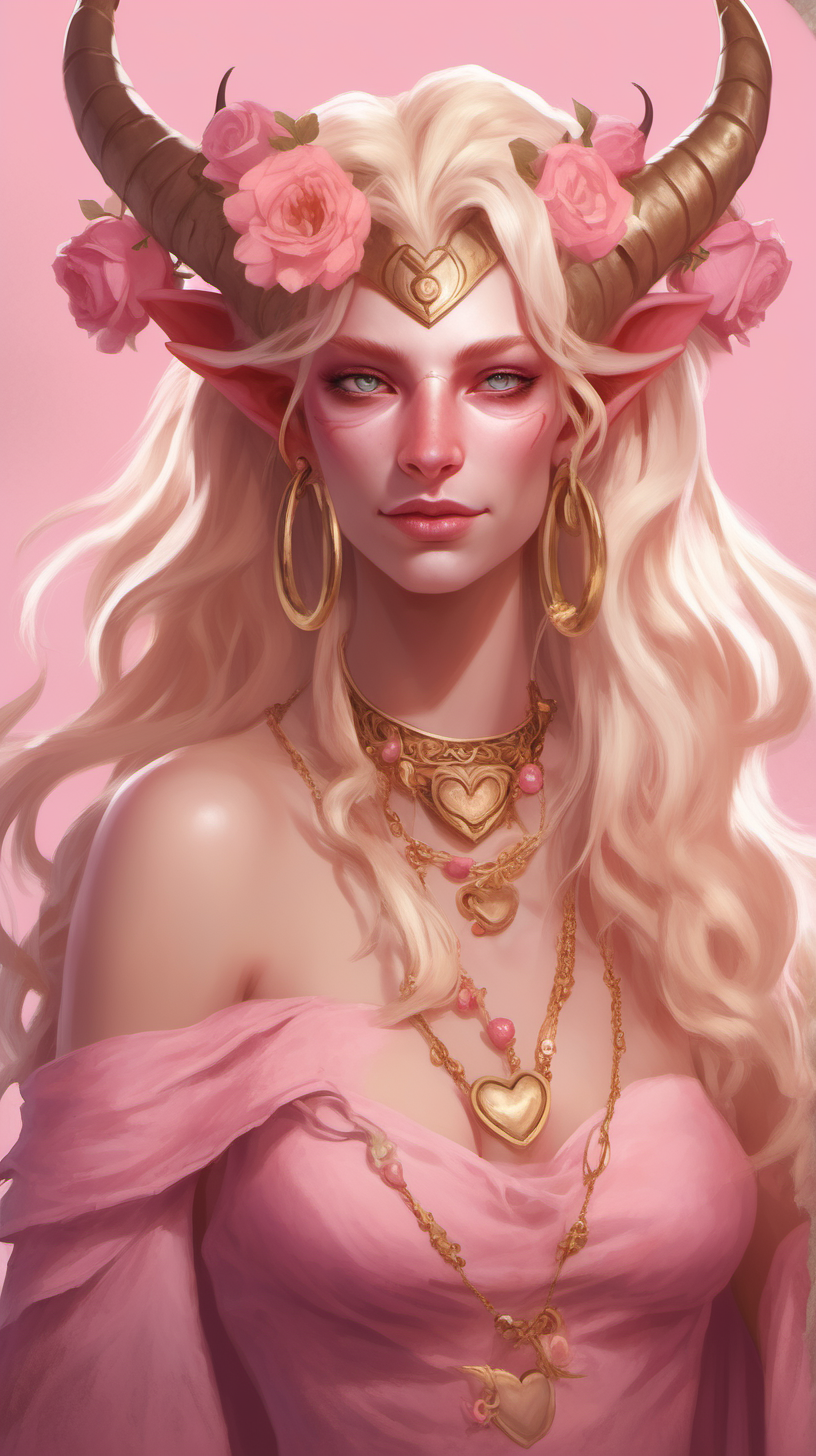 Pink skinned tiefling woman She has white horns