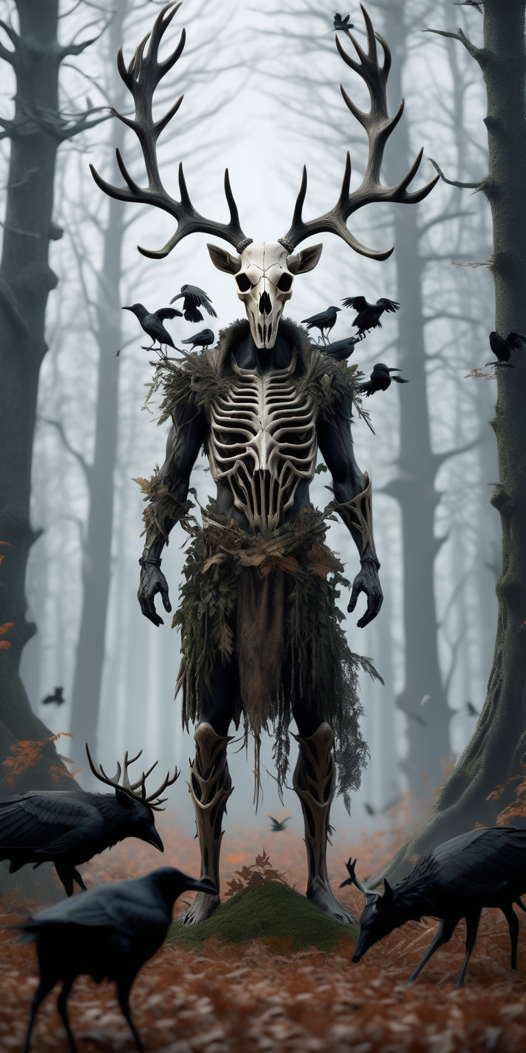 realistic Leshen wearing Deer skull stood in the forest surrounded by crows