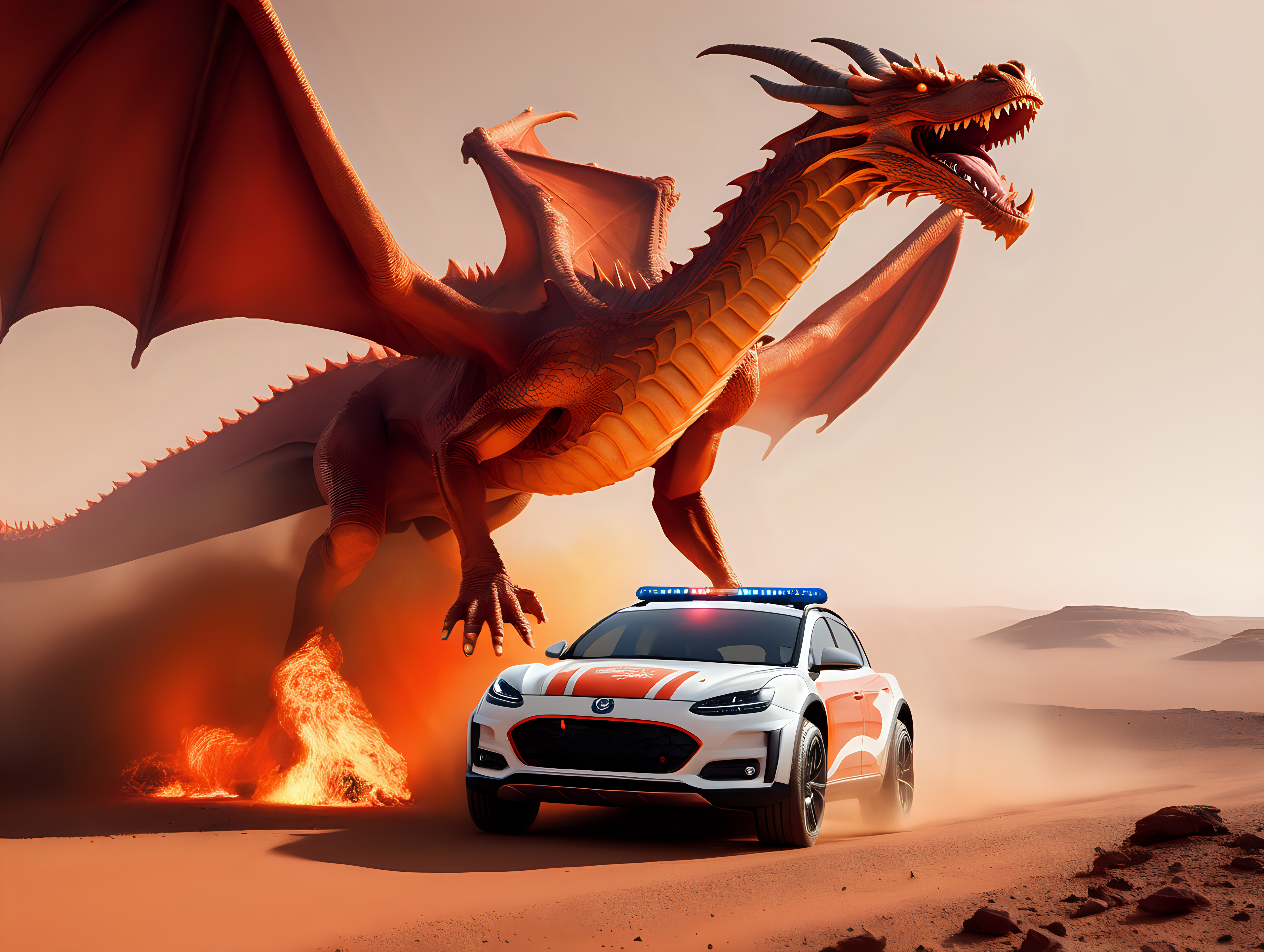 European sports car driving on Mars chased by a fire breathing dragon