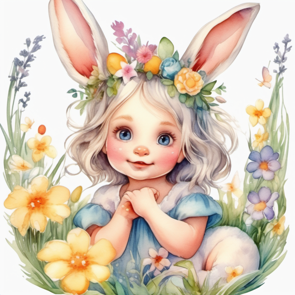 sticker easter girl baby bunny flowers around the