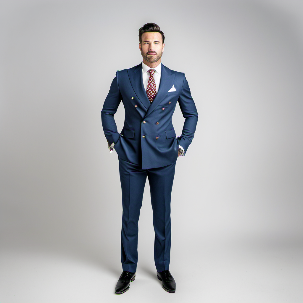 a real man wearing a double breasted suit with white background full length
