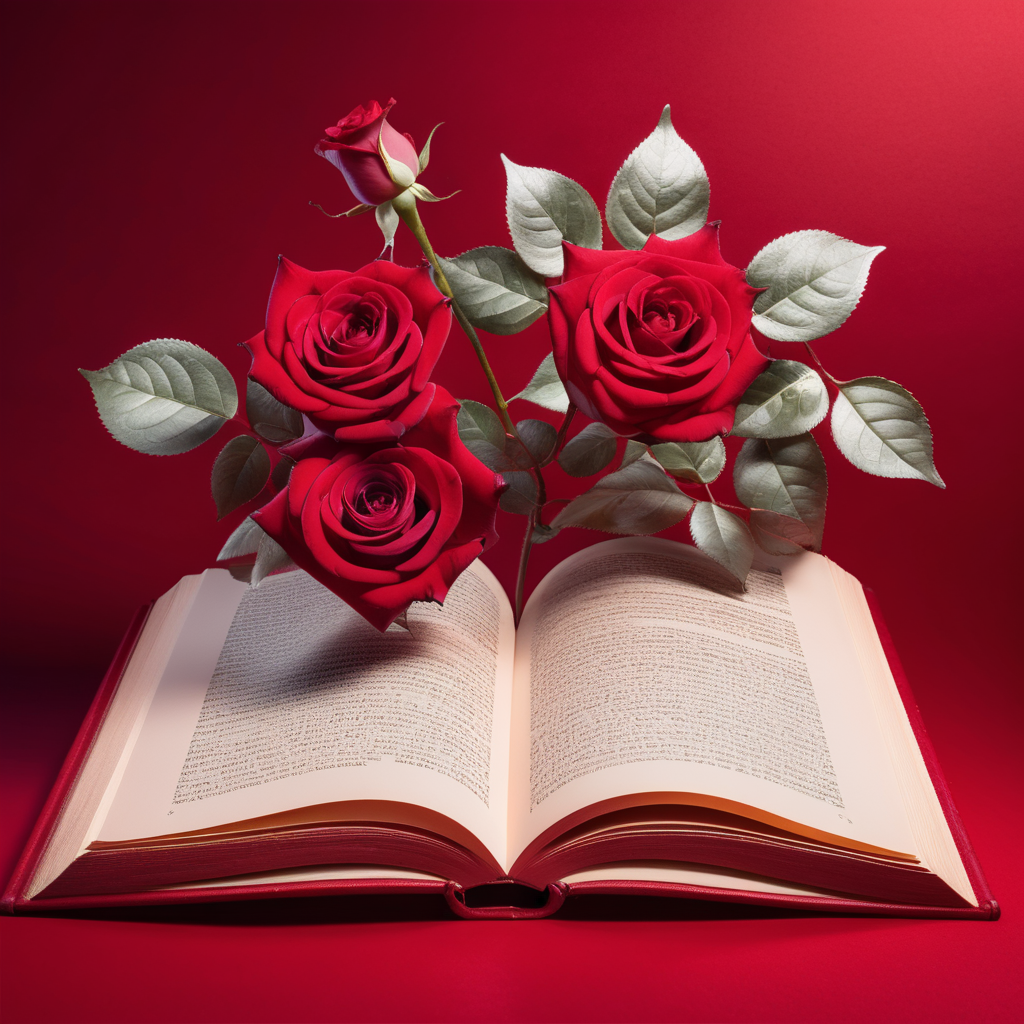 Generate an image of an open book with pages turning from the old year to a new chapter, symbolizing new beginnings and stories, and incorporate the color red in the background as well as red roses in some way.