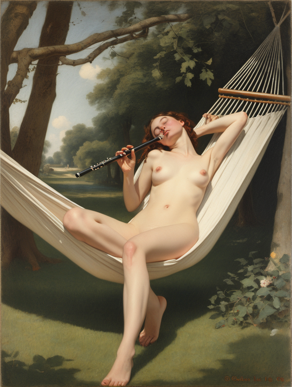 nude woman lying in a hammock playing flute