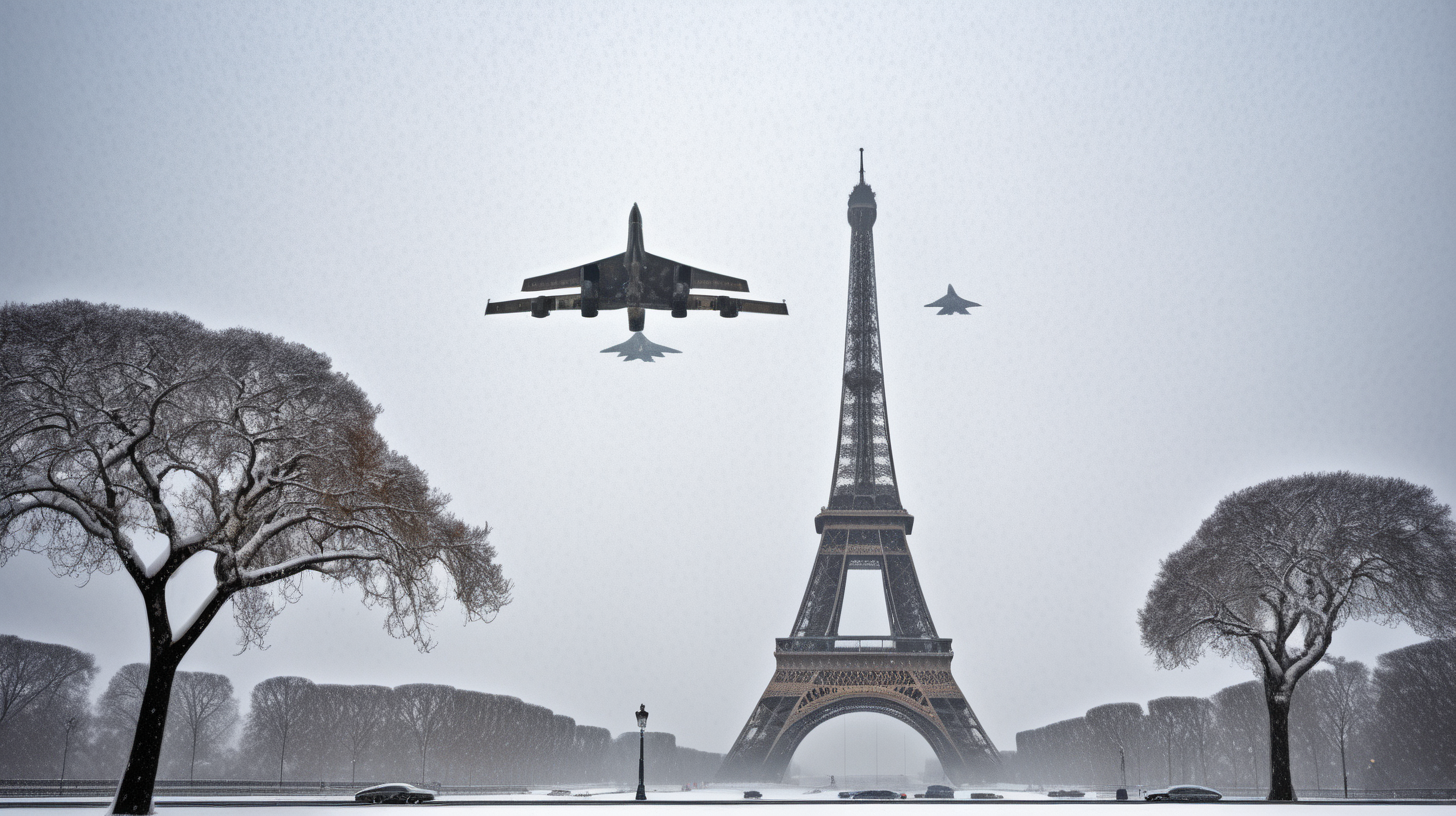 Eiffel tower in winter snow storm with 3 stealth bombers flying overhead