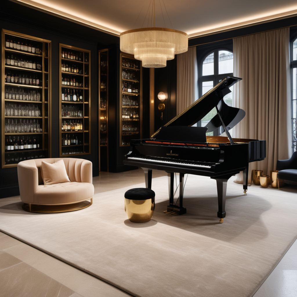 hyperrealistic of an elegant modern Parisian Music room with a grand piano on a rug at night; a bar with floor to ceiling wall of drinks and glasses behind it; floor to ceiling windows ; curtains; mood lighting;  Limestone flooring; beige, oak, brass and accents of black colour palette; modern brass pendant light
