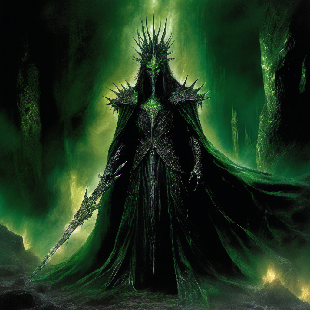 genera una imagen a color, estilo Luis Royo, de un mago oscuro parecido a Sauron, con una corona de puntas metálicas, cubierto con una capa negra, no se le ve la cara, luz verde etérea, de fondo una caverna oscura y fuego verde
