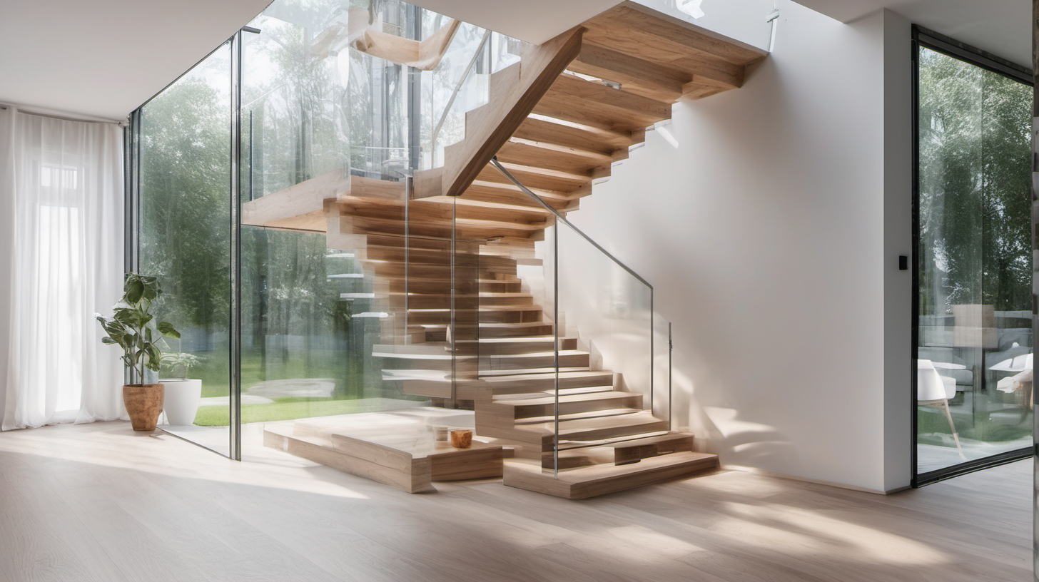 make a luxury hyper realistic wooden and white stairs in house in poland, make look from window, add glass by the stairs