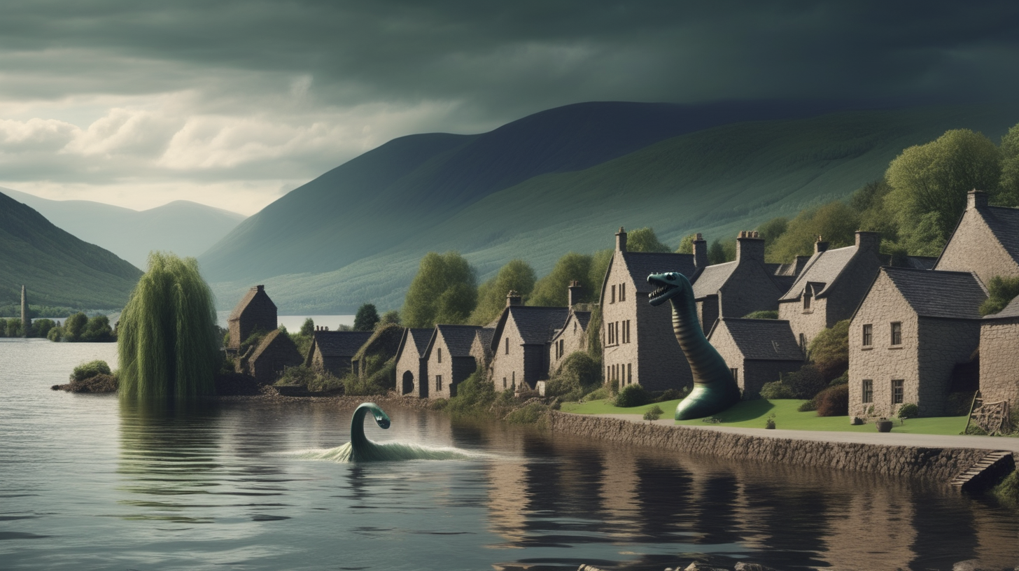 Loch Ness monster destroying an old village