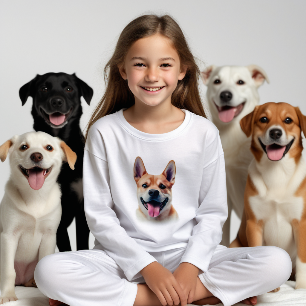 “Perfect Facial Features photo of a smiling 10 year old girl sitting surrounded by dogs, in  white cotton tshirt pyjama (no print, long  tight cuff sleeves, loose long pants) , no background, hyper realistic, ideal face template, HD, happy, Fujifilm X-T3, 1/1250sec at f/2.8, ISO 160, 84mm”