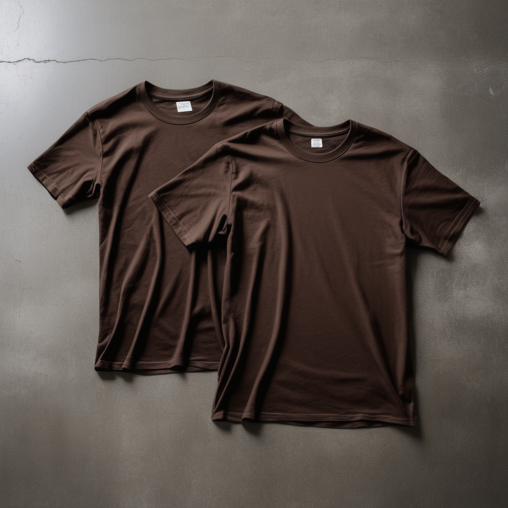 front side of 2 dark brown t-shirts on concrete floor