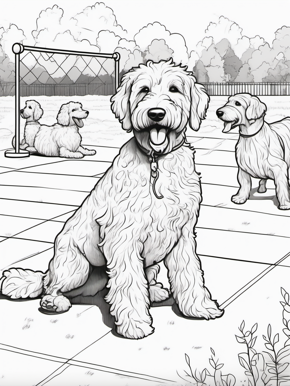 Cute female golden doodle playing with other dogs at a dog park for a coloring book with black lines and white background
