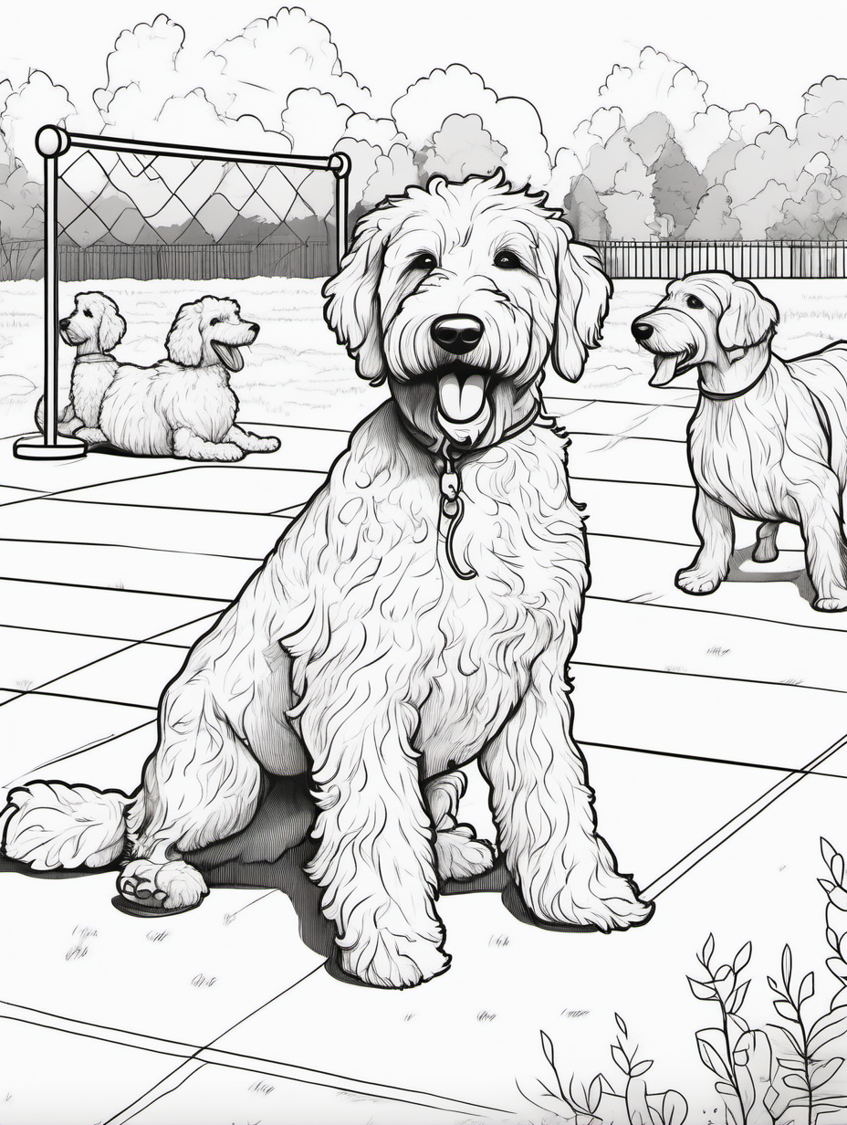 Cute female golden doodle playing with other dogs