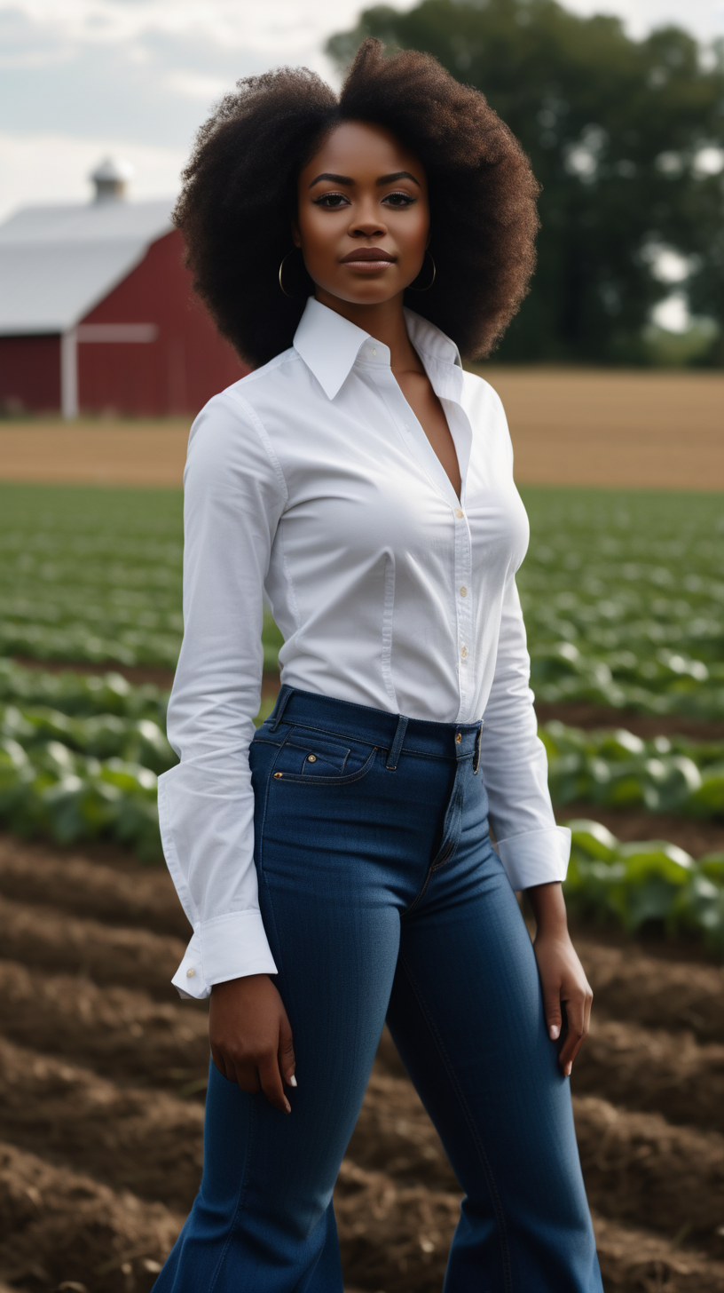 Beautiful Black woman, beautiful body, wearing bell bottom jeans, wearing a white, tailored, button down collar,  oxford shirt standing on a farm, 4k, high definition, high resolution