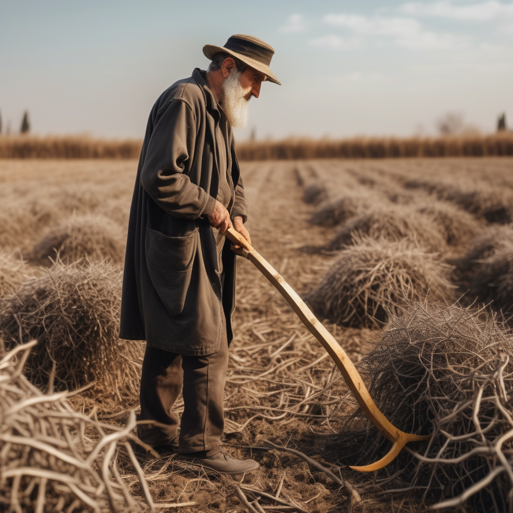 Create a picture of a Jewish farmer harvesting with a scythe in a field of dry thorns