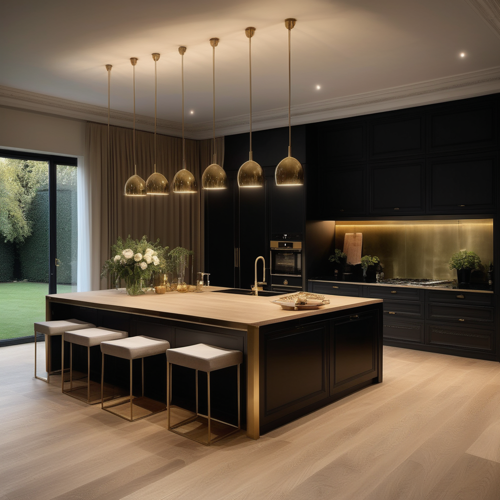hyperrealistic of an elegant, paltial modern Parisian kitchen with island at night; oak flooring; floor to ceiling windows with a view of the sprawling lush gardens; curtains; mood lighting; beige, oak, brass and black colour palette; modern brass pendant light; rug; 
