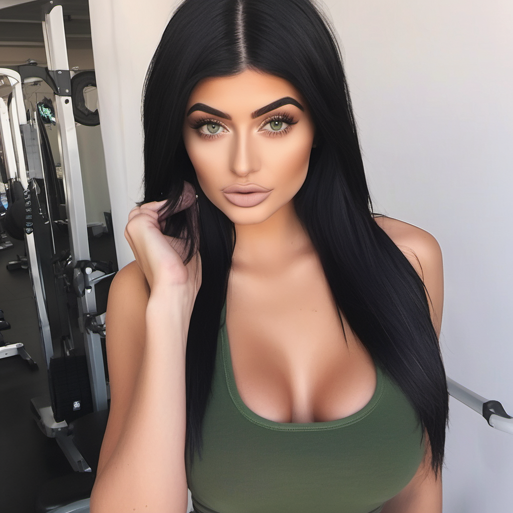 Make pictures of a Kylie Jenner look a like without it being Kylie jenner. The photo must be taken as if it were an amateur photo. The picture of the girl most be the same girl in every picture with the same specifications. the specifications are below. 

- Dark black hair
- Selfie
- Green eyes
- Hourglass body
- G size breasts
- Location in the gym 
- Medium size lips
- Big eyelashes