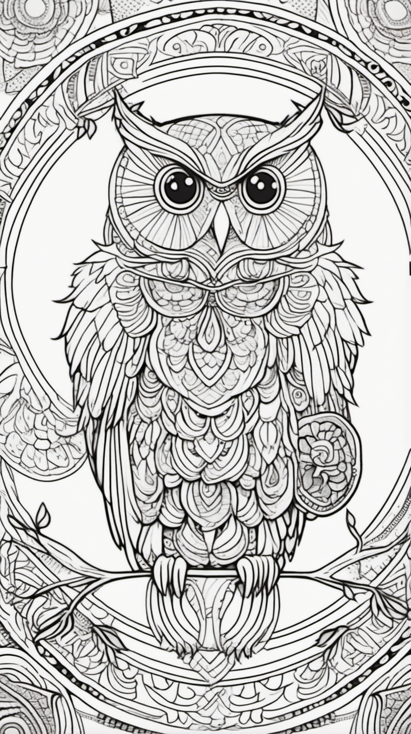 owl, mandala background, coloring book page, clean line art