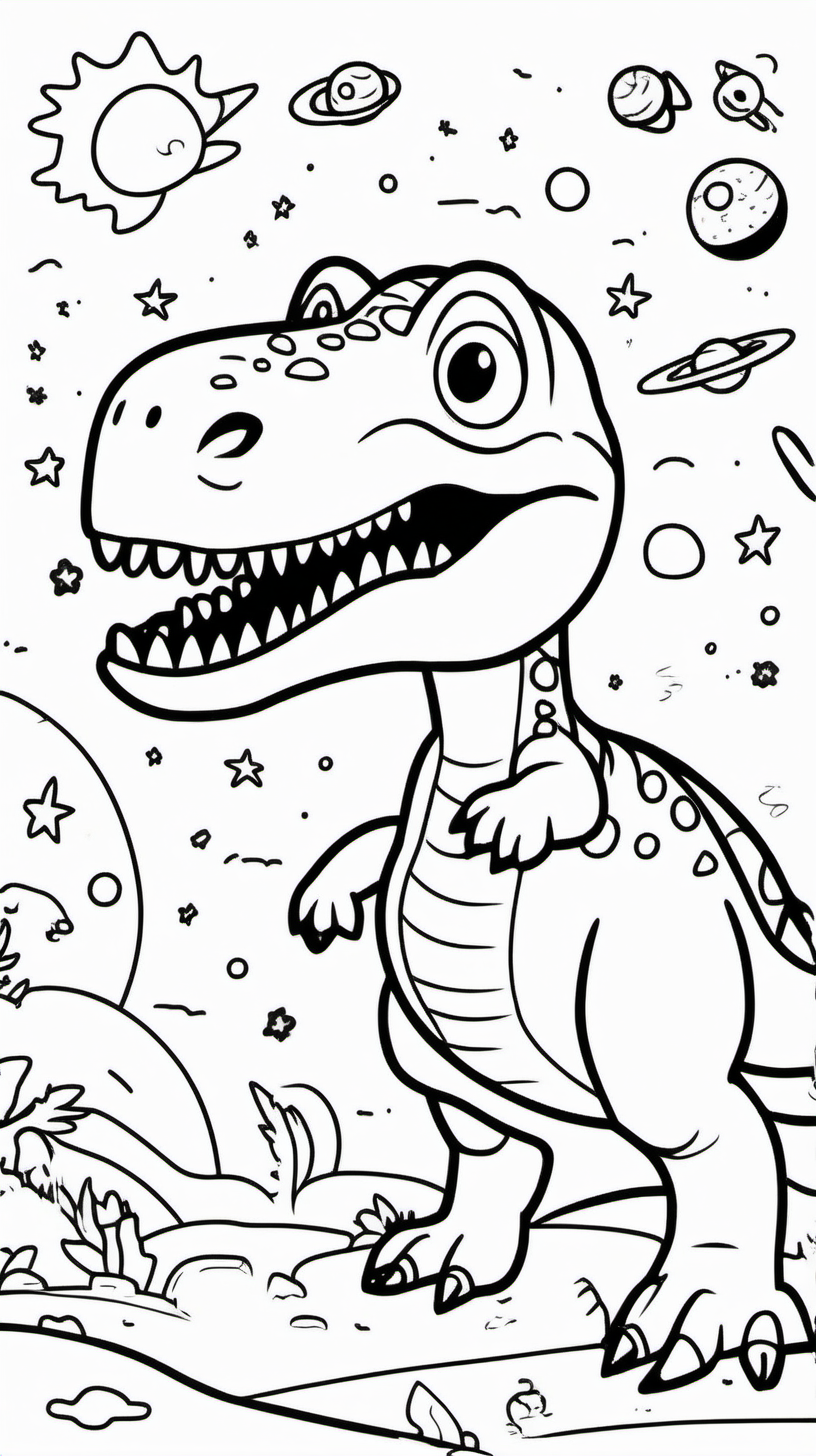 children's coloring book about a dinosaur in spacl with cut kid background white and cartoon style line draw black  no shadow 