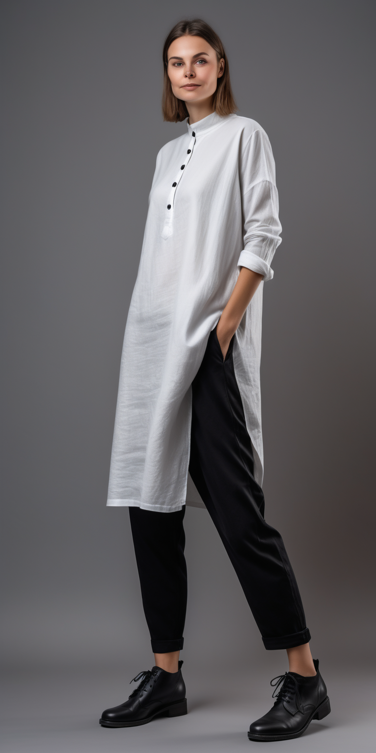 Woman wearing white long-sleeved tunic,shirt collar, black loose canvas trousers, black sneakers, straight front stance ,uniform design,  full body, art,  35mm photography, modern fashion, gray backround, 