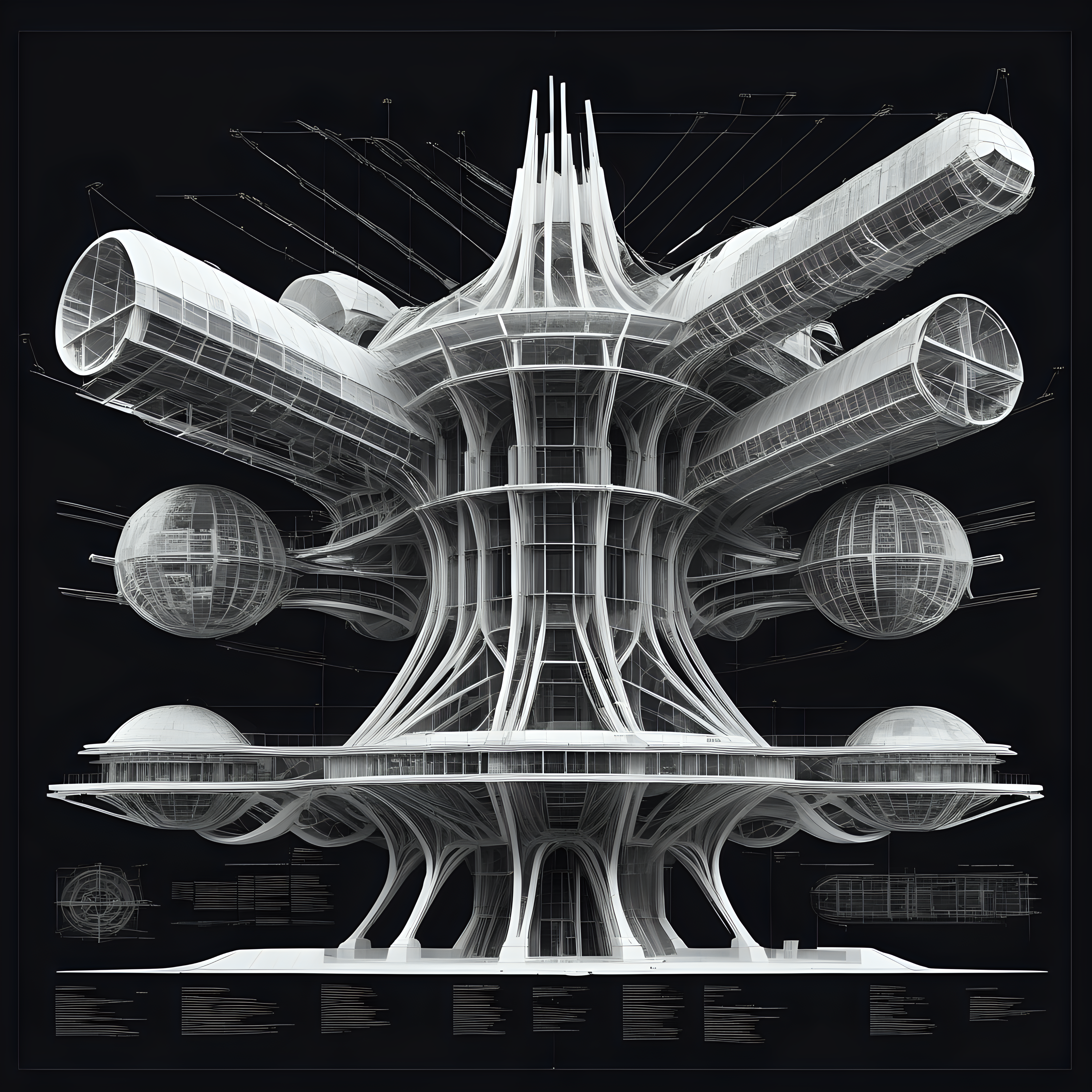 black and white exploded view blueprints of futuristic space mega structure