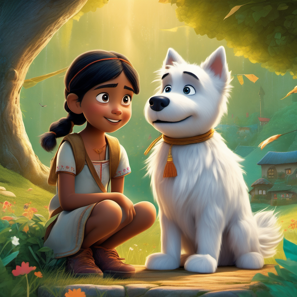 A delightful little Indian girl fascinated by languages is embarking on a journey In the magical fairy tale land of Sprachland to learn German, accompanied by her loyal companion, a fluffy dog named Elsa, Hayao Miyazak
