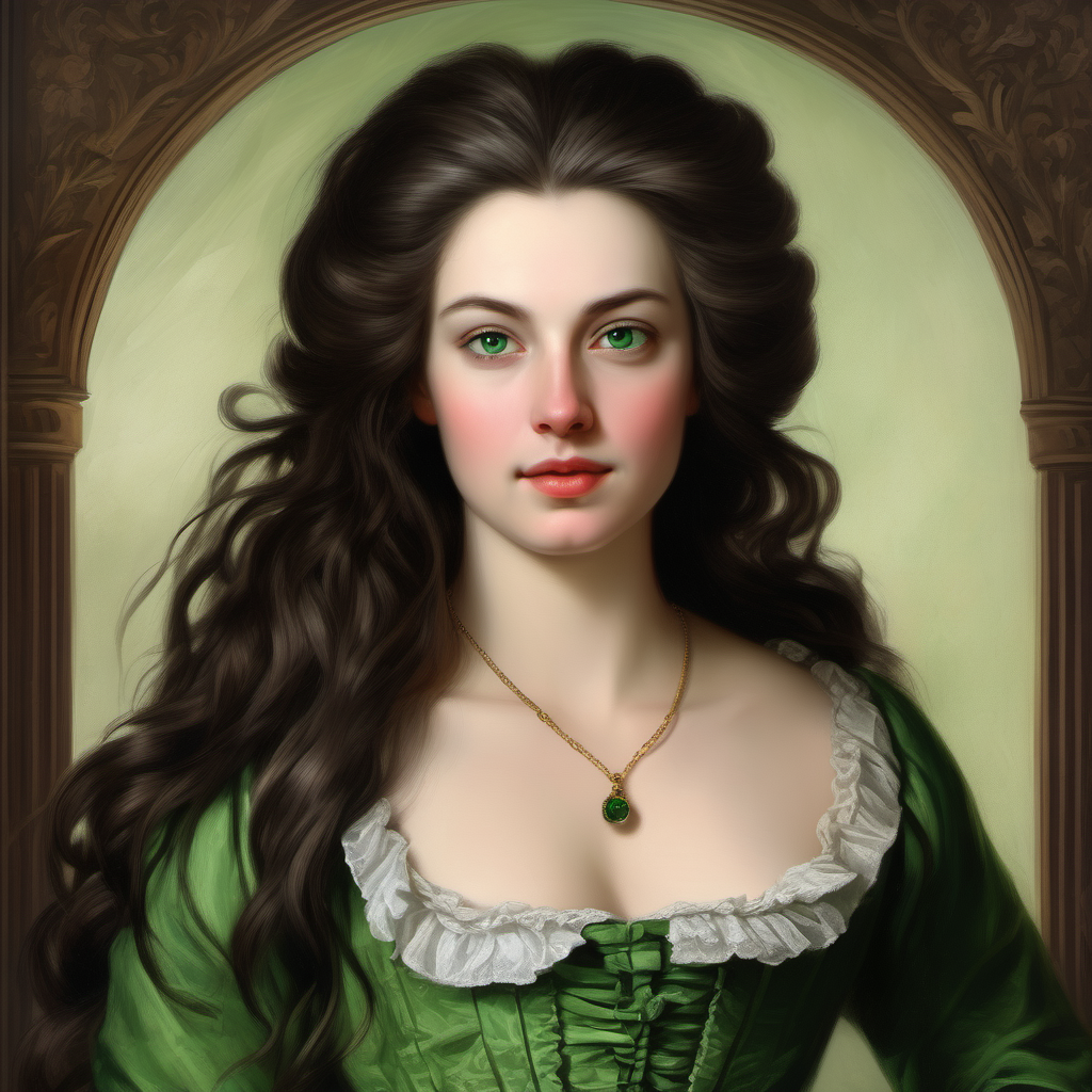 18th century gorgeous woman straight dark brown hair green eyes
