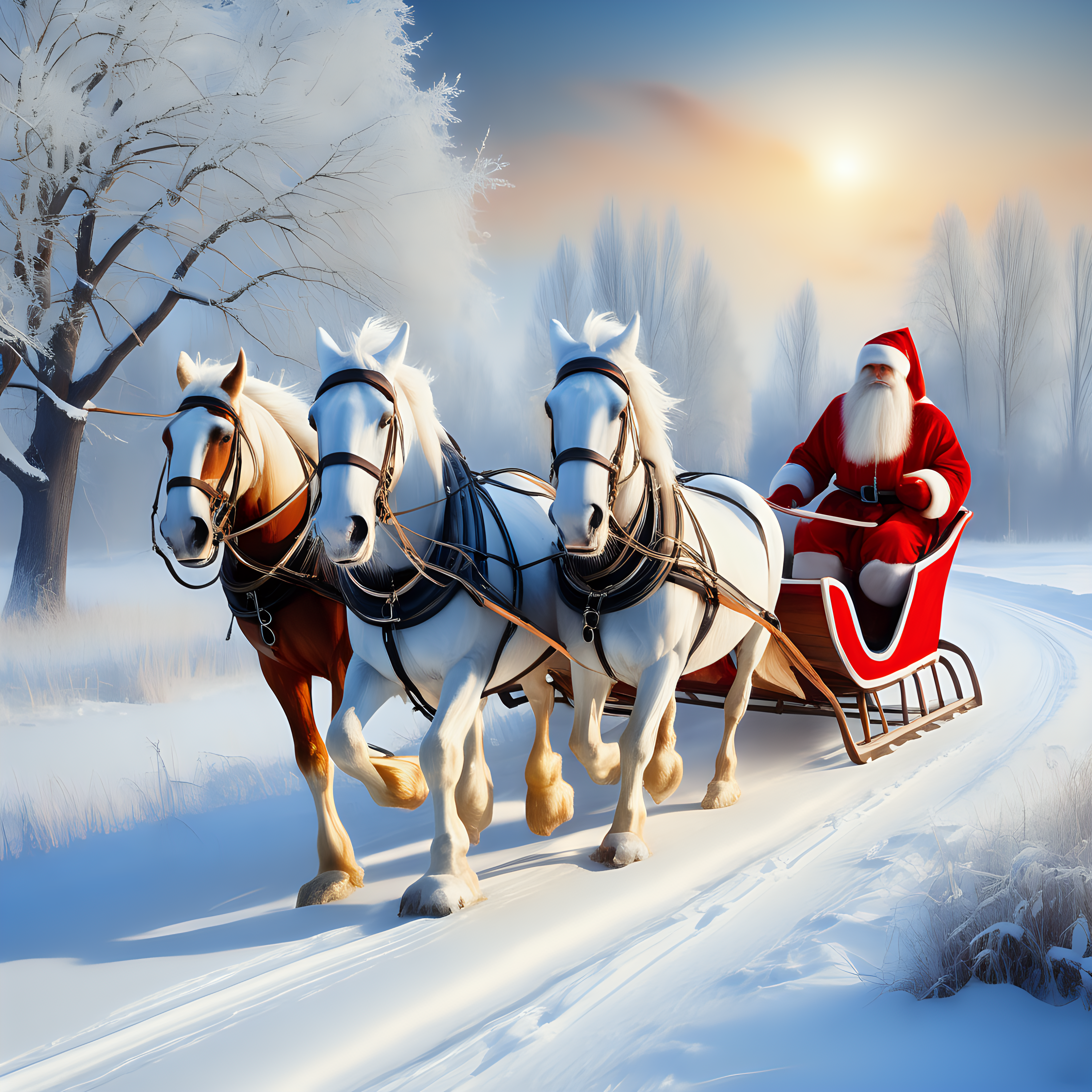 Рождество, дед мороз со снегурочкой в санях, запряженных тремя лошадьми, зимний пейзаж
