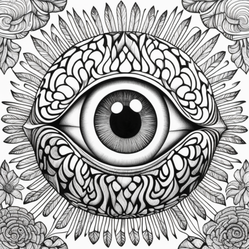 adult coloring book, black & white, clear lines, detailed, symmetrical brain eyeball