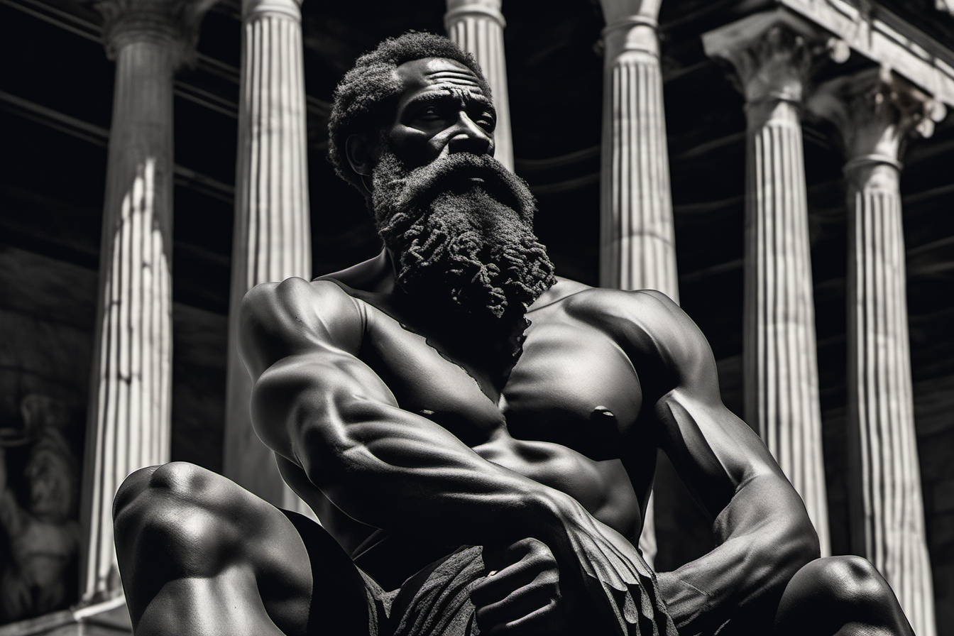 "Create a captivating image featuring an aged, muscular black man statue with a long beard, deep in contemplation, set against the backdrop of an ancient Greek building in rich, black tones. Capture the essence of timeless reflection and cultural fusion in this visually striking scene."