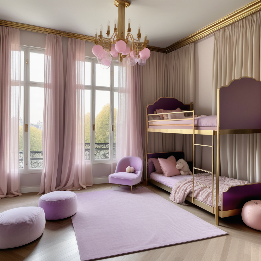 hyperrealistic image of large modern Parisian childrens room with bunk bed, floor to ceiling windows, beige, pink, lilac and brass colour palette, brass chandelier, sheer curtains