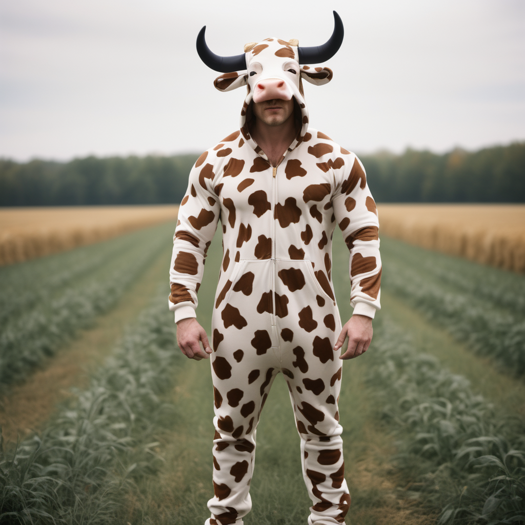 extremely muscular tall man, cow skin onesie suit with horns, Kentucky fields, day
