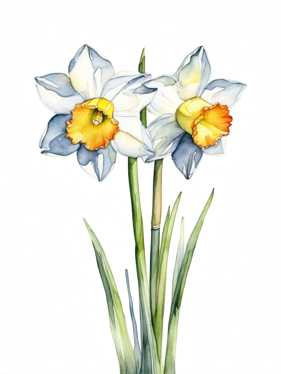 simple single narcissus, watercolor, white background