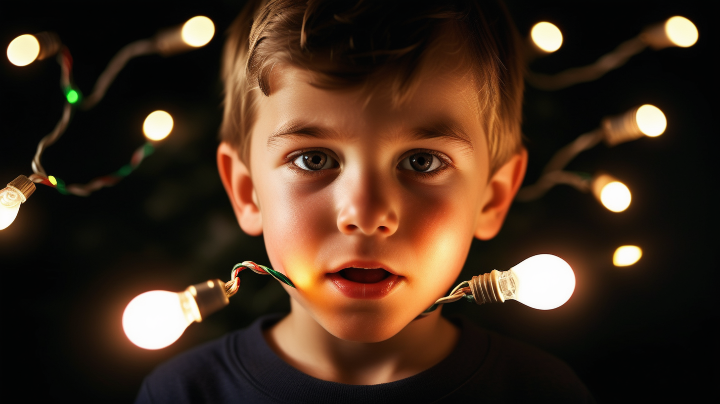 Image Description: A close-up shot of Christmas lights, usually associated with warmth and goodwill, but now taking on a chilling significance. The lights flicker irregularly, capturing the moment when the captive boy ingeniously manipulates them to signal for help. The image conveys the juxtaposition of holiday cheer and the silent plea for assistance.