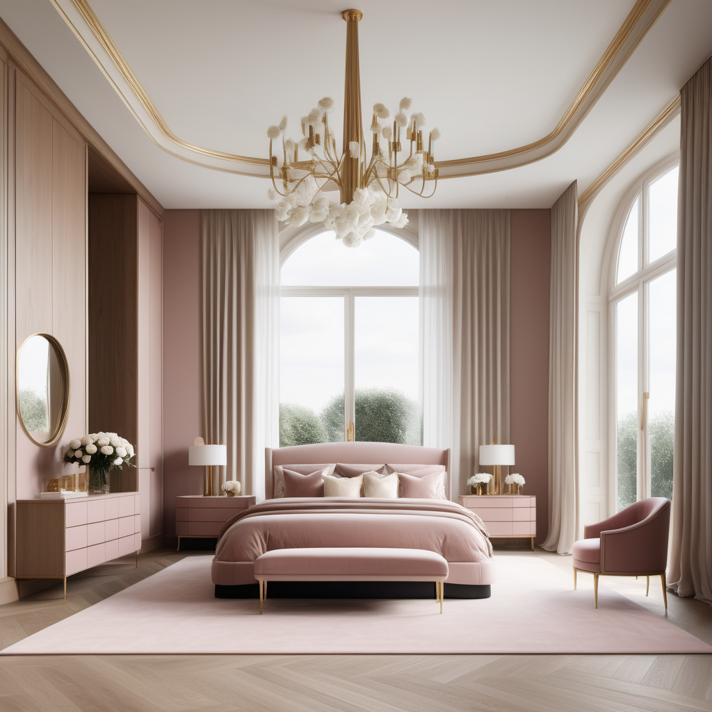A hyperrealistic image of a grand, elegant modern Parisian master suite in a beige oak brass and dusty rose colour palette with floor to ceiling windows showing views of the white roses in the garden, a brass modern chandelier, an accessory island, curves