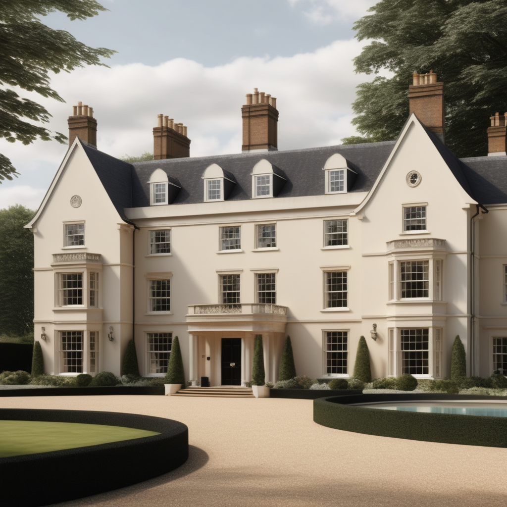 hyperrealistic image of an English country estate home; beige, ivory and black;
