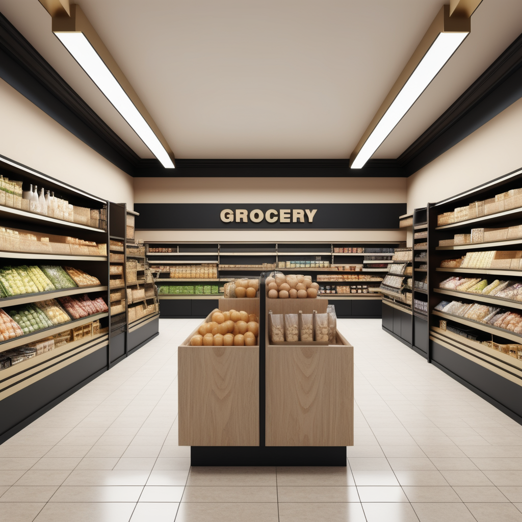 hyperrealistic image of an elegant grocery  store interior in a beige, oak, brass and black colour palette