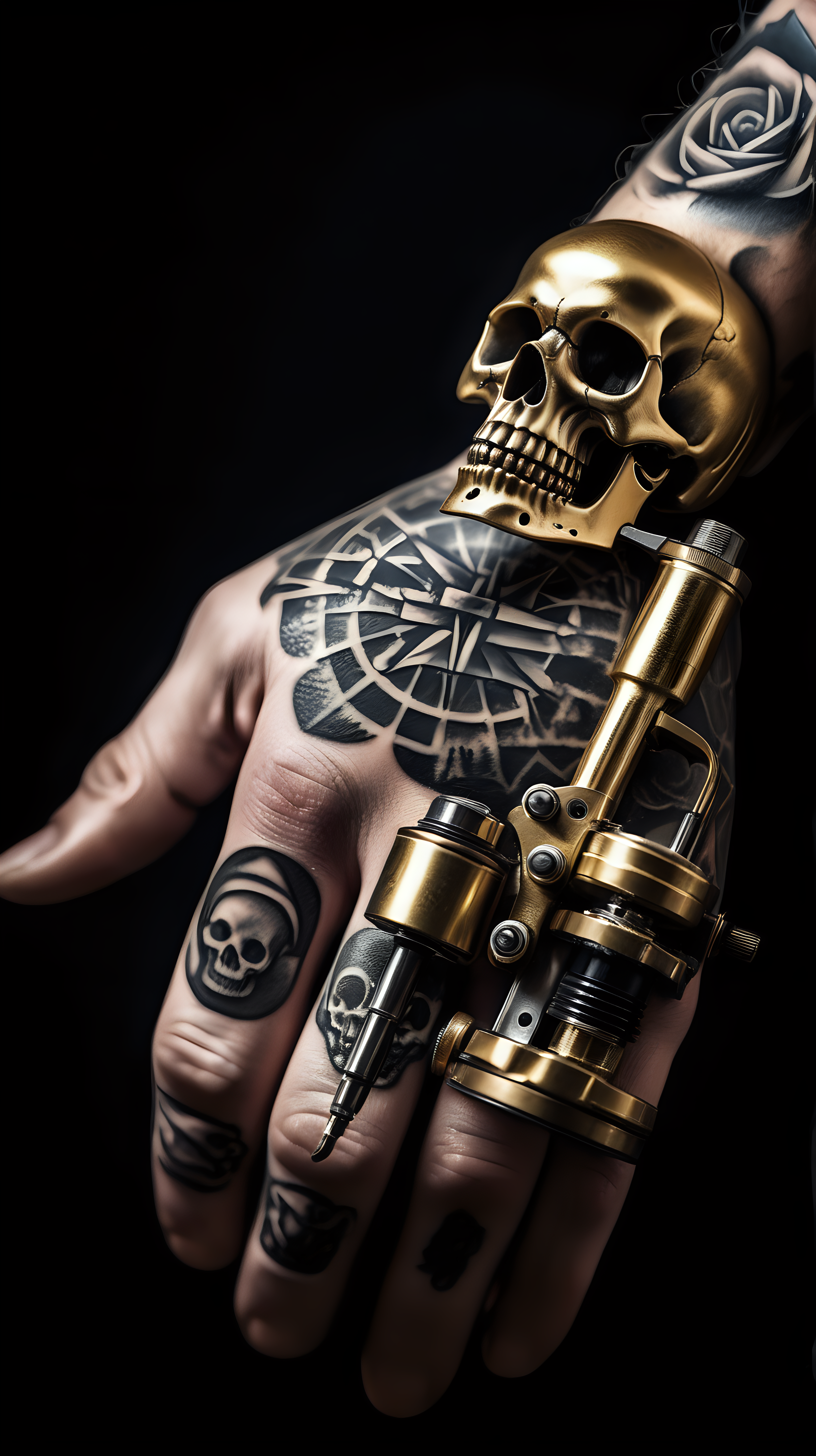 /imagine prompt : An ultra-realistic photograph captured with a canon 5d mark III camera, equipped with an macro lens at F 5.8 aperture setting, capturing a vintage classic tattoo machine ,a pattern of the skull is engraved on it's golden grip , grabbed by a hand wearing black nitrile gloves.
the hand is blurred and the focus sets on tattoogun's grip.
Soft spot light gracefully illuminates the subject and golden grip is shining. The background is absolutely black , highlighting the subject.
The image, shot in high resolution and a 16:9 aspect ratio, captures the subject’s  with stunning realism –ar 9:16 –v 5.2 –style raw
