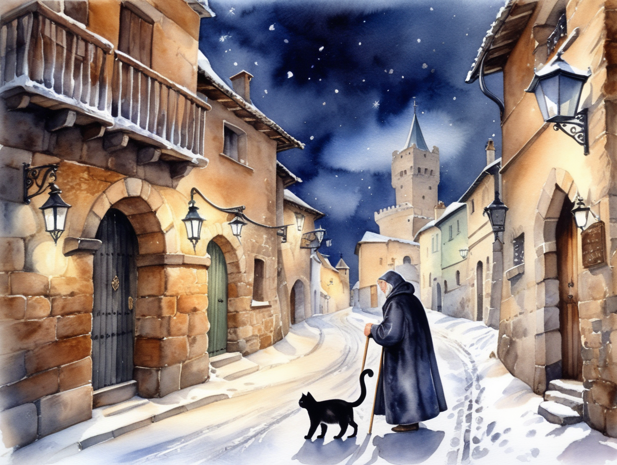 Calle medieval, gato negro,anciano con bastón,estandarte de Castilla,noche y nevando,acuarela