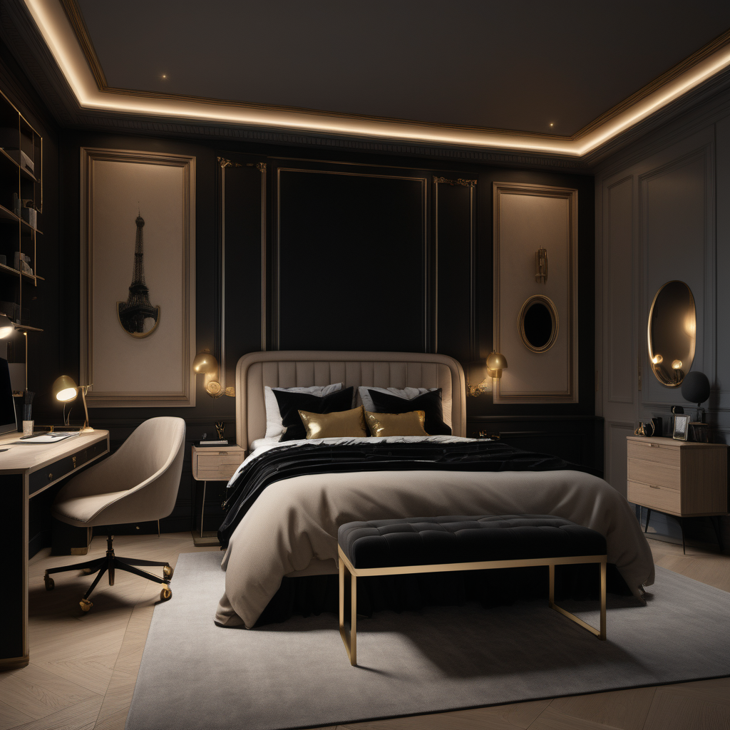 a hyperrealistic of a grand modern Parisian estate home Teenagers bedroom at night with mood lighting, a double bed with a desk, in a beige oak and brass and black colour palette
