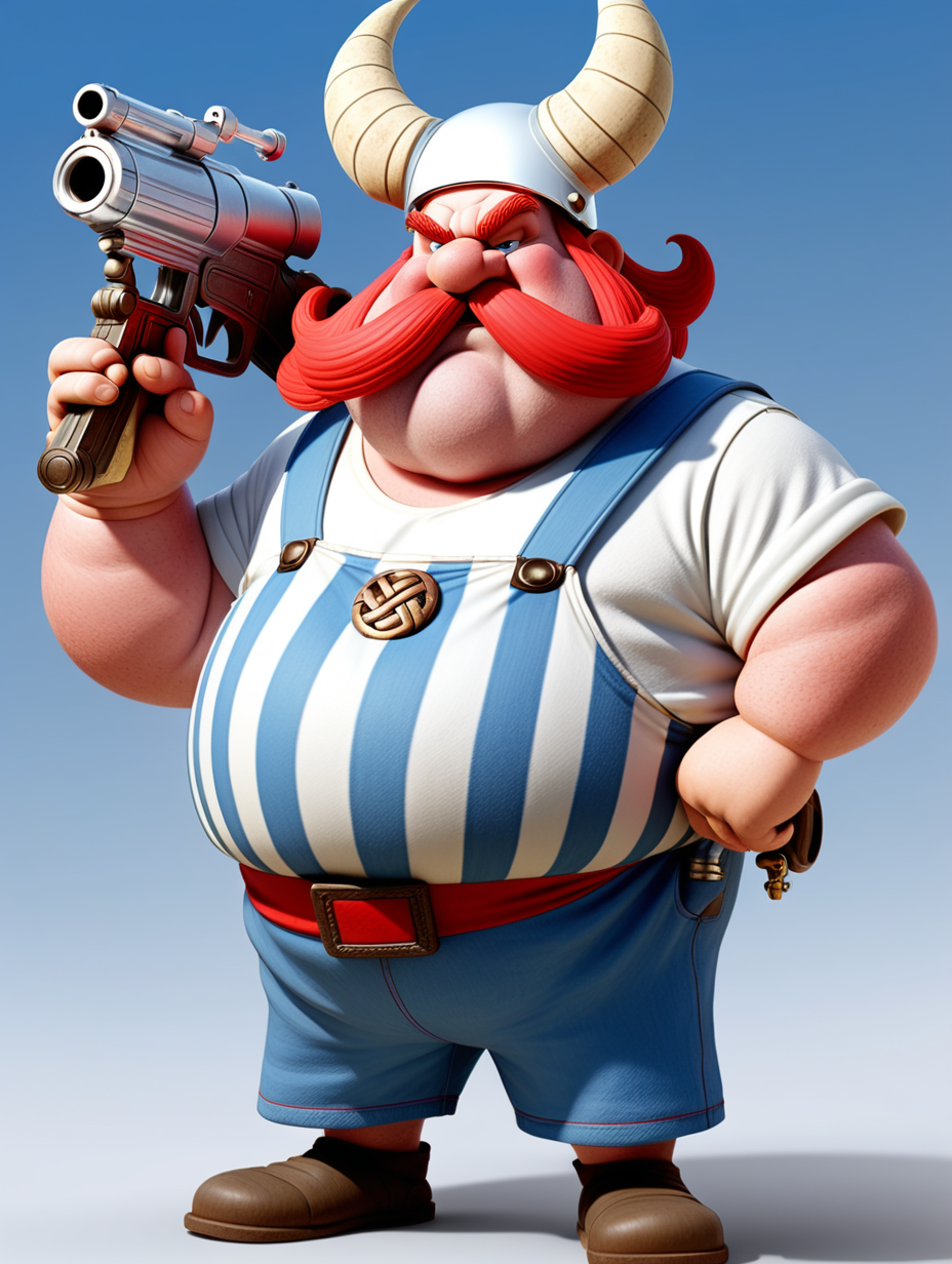 personnage obèse ressemblant a Asterix.
il a une moustache rousse et deux tresses rousses.
il a une salopette rayée blanc et bleu.
il a un casque celtique a deux cornes.
il na pas de tee-shirt, pas d'armure et pas d'armes.
il tien un pistolet laser.