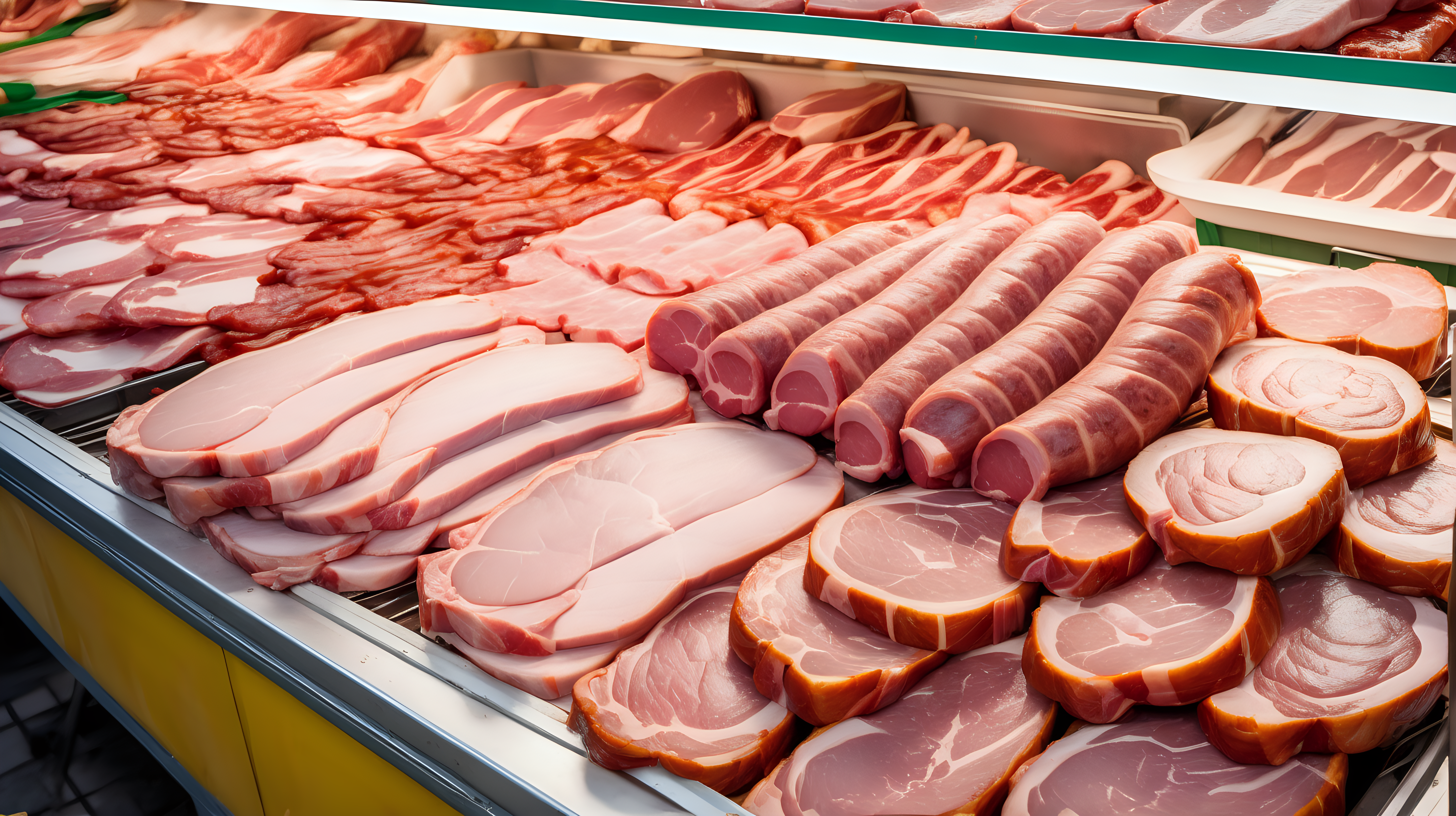 Ham, bacon, pork chops, pork loin and sausage in local market