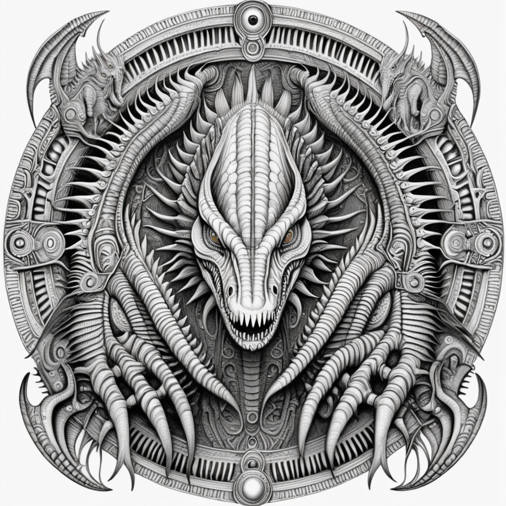 black & white, coloring page, high details, symmetrical mandala, strong lines, Spinosaurus with many eyes in style of H.R Giger