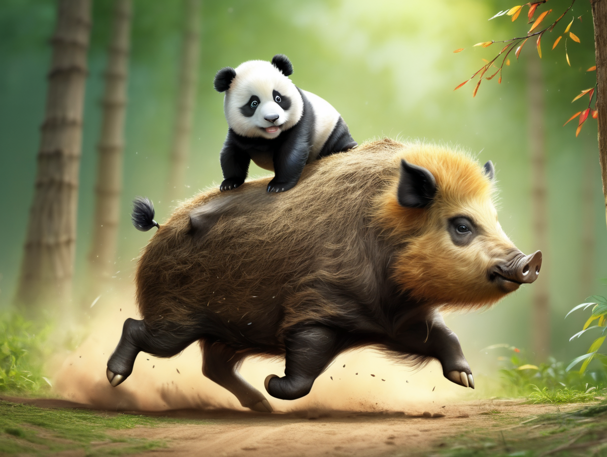 little panda riding wild boar