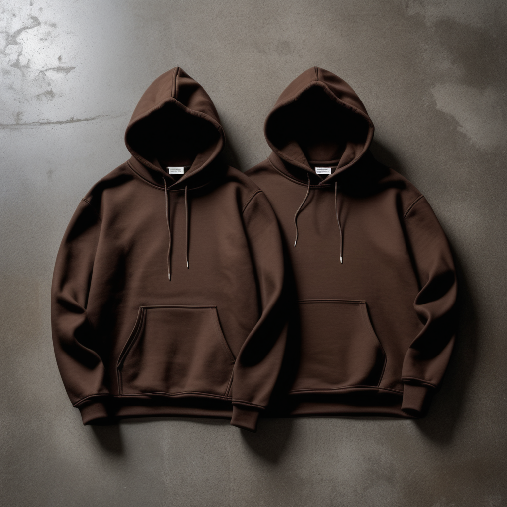 front side of 2 dark brown hoodies on concrete floor