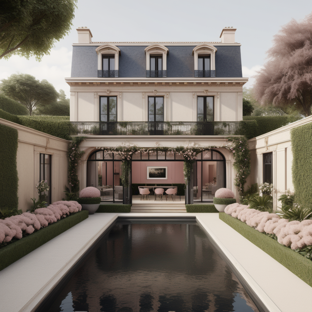 A hyperrealistic image of a modern Parisian  guest house viewed from the outside in a beige oak brass colour palette with accents of black and dusty rose, with an adjoined veranda covered in star jasmine, and beautiful garden beds and sprawling lawns around it, a small pool in the front yard
